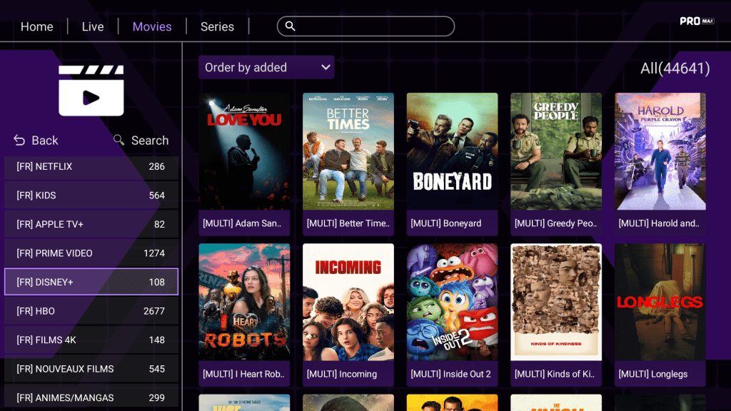 Différentes fonctionnalités de l'application PROMAX 4 ROOM IPTV N°1 EN EUROPE Abonnement IPTV